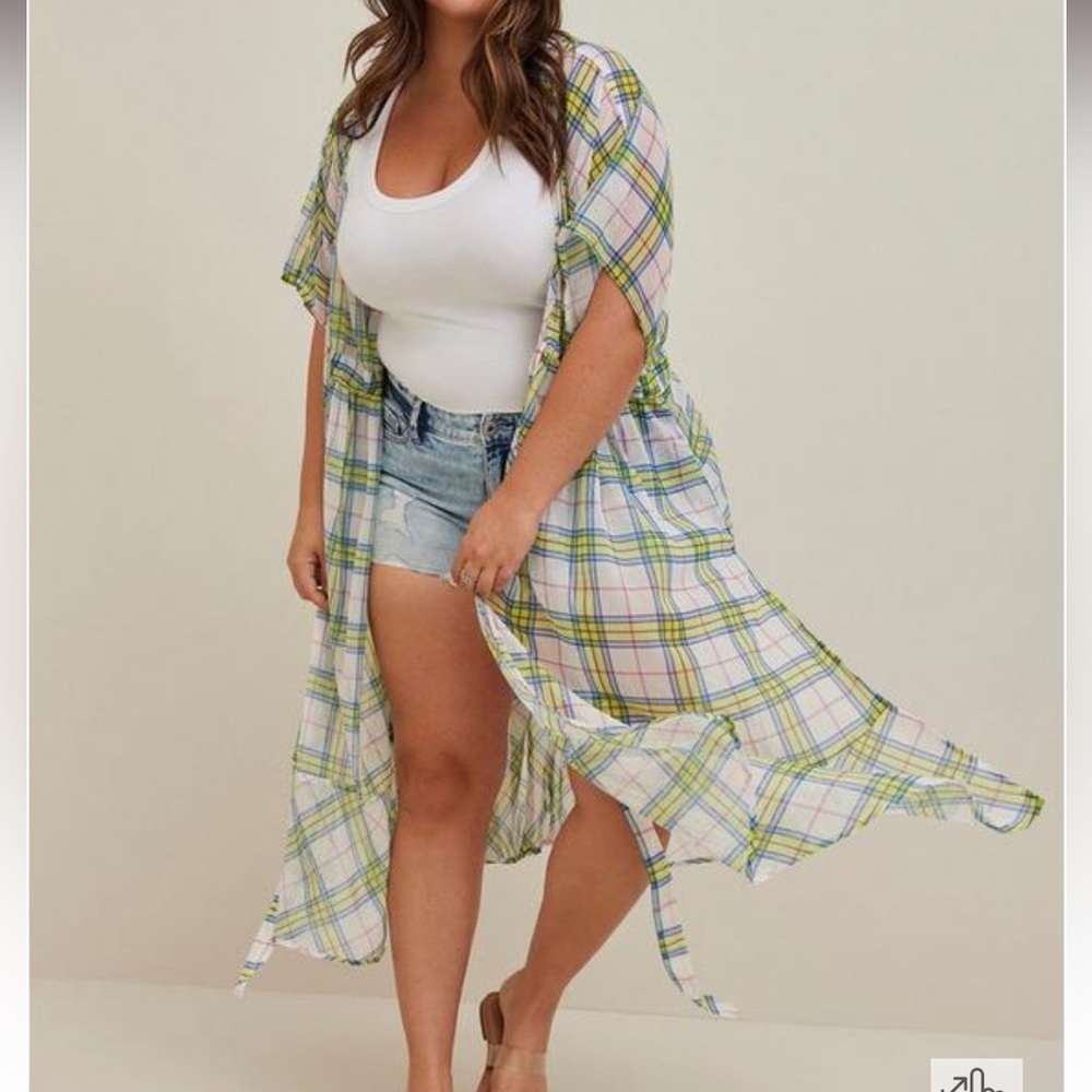 Torrid Multicolored Plaid Cinched Waist Sheer Kimono NWT